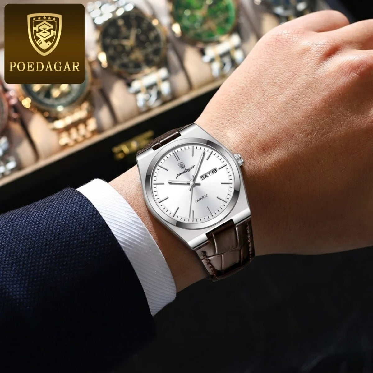POEDAGAR 930 Men's Ultra-Thin 40mm Watch - Luminous Leather Strap Business Casual Quartz Silver White