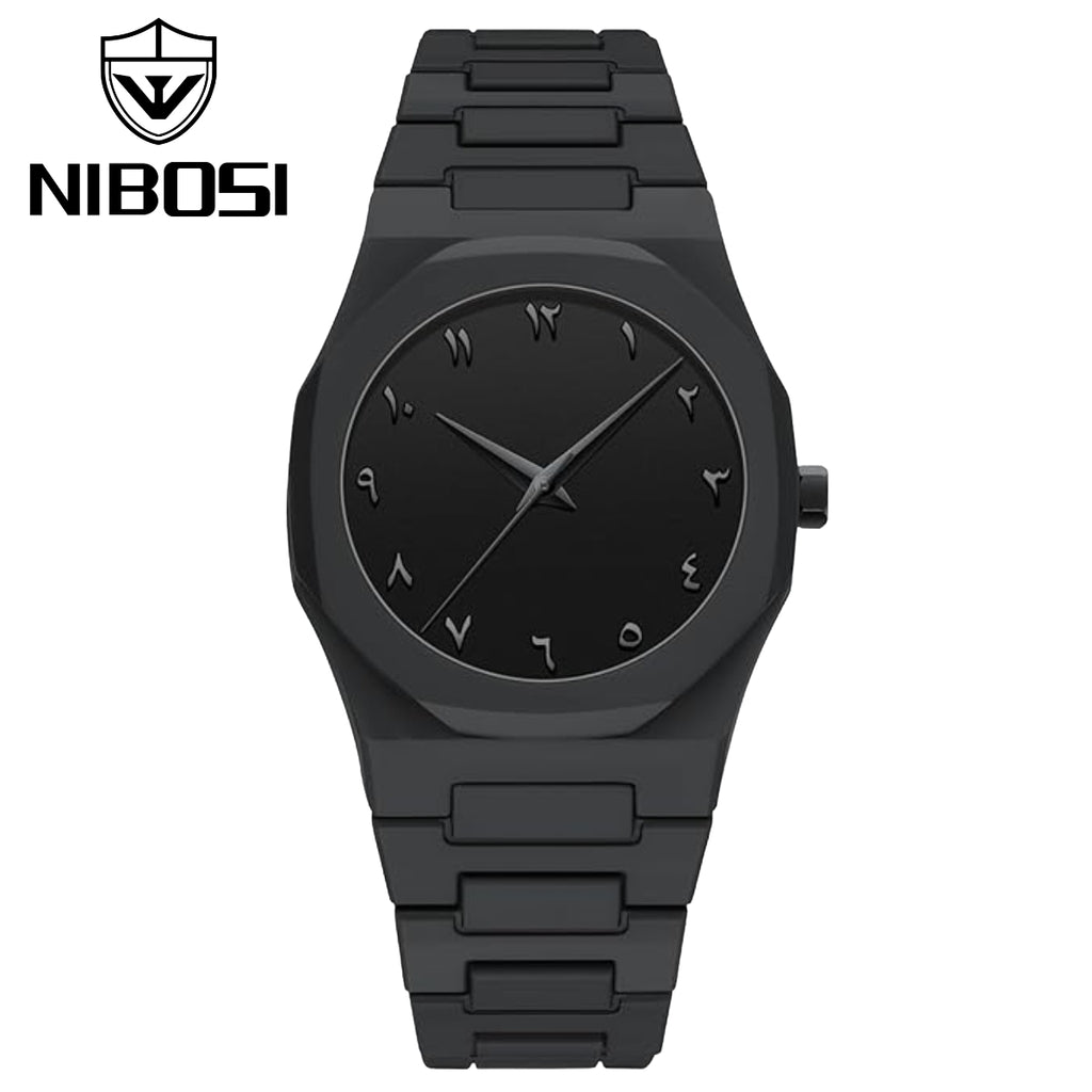 Nibosi 8102 Classic Arabic Numeral Men’s Watch - 40mm Ultra-Slim Polycarbon Quartz Movement with Premium Glass Dial Black