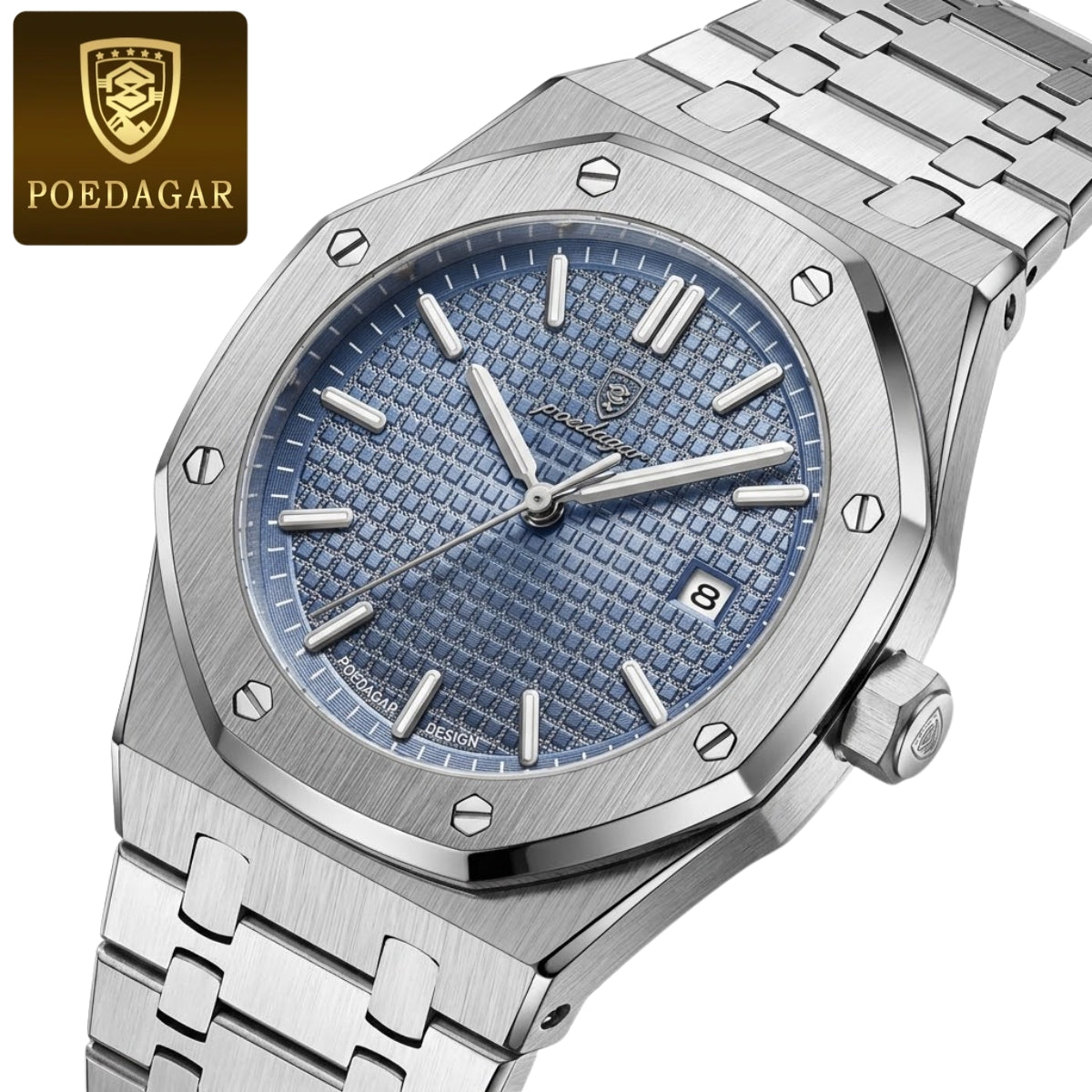 POEDAGAR 924 Men's Luxury Watch: Stainless Steel Waterproof Quartz with Day-Date & Luminous Display Silver Blue