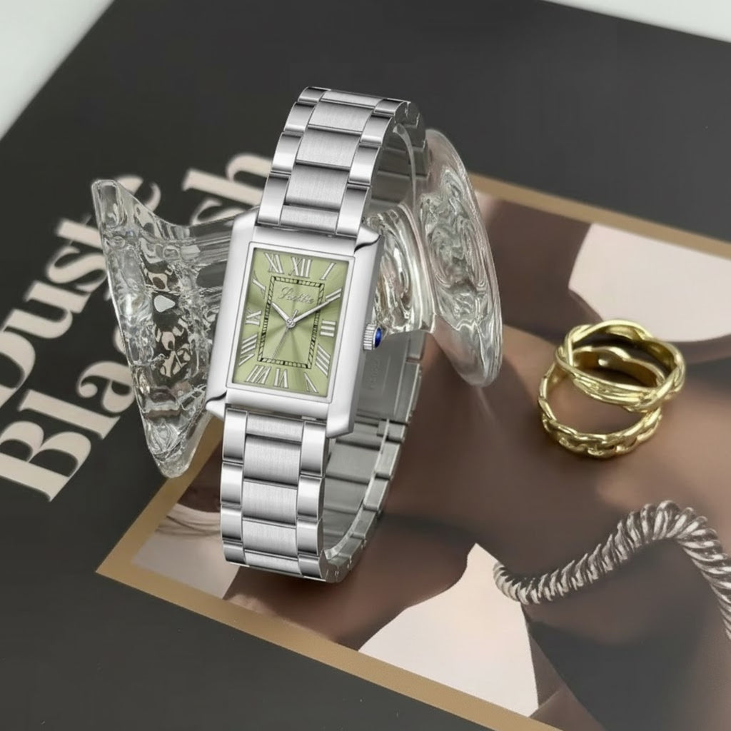 Scottie 9655 Women’s Classic Square Gold Watch – Luxury Stainless Steel Quartz Wristwatch  Green