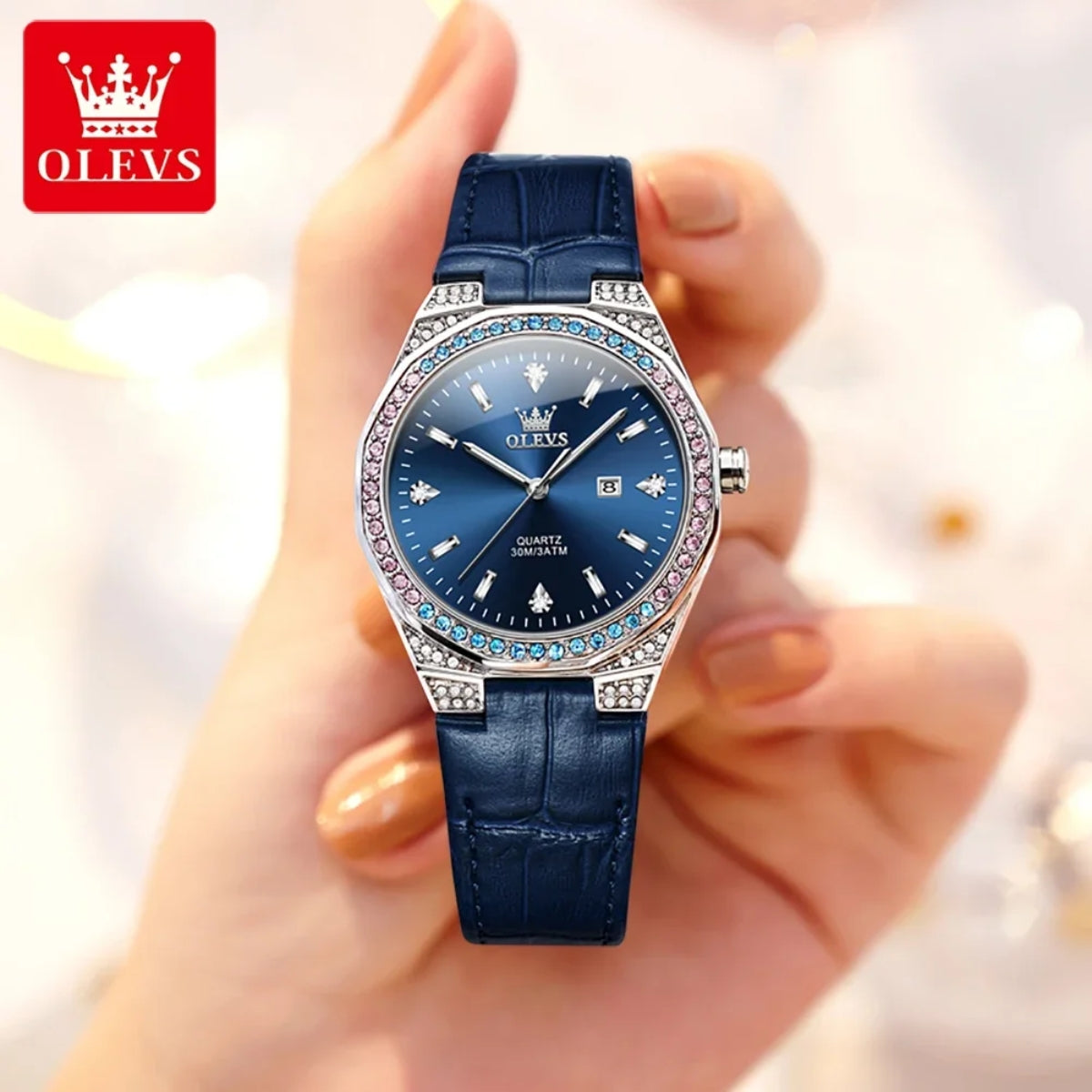 OLEVS 5606 Women’s Luxury Leather Watch – Fashion Quartz Wristwatch with Diamond Accents Blue