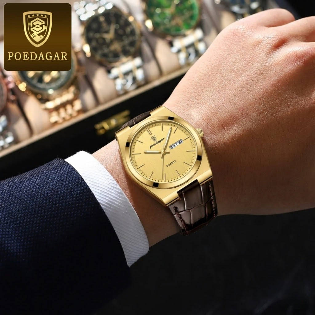 POEDAGAR 930 Men's Ultra-Thin 40mm Watch - Luminous Leather Strap Business Casual Quartz Gold