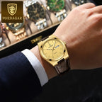 POEDAGAR 930 Men's Ultra-Thin 40mm Watch - Luminous Leather Strap Business Casual Quartz Gold