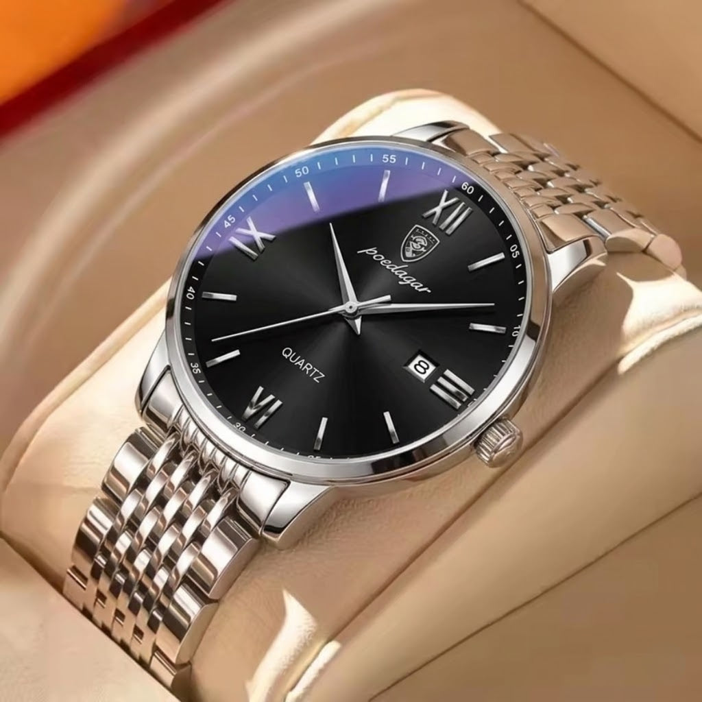 POEDAGAR 826 Waterproof Watch – High-Grade Stainless Steel Quartz Movement Luxury Date Display Wristwatch for Men Black