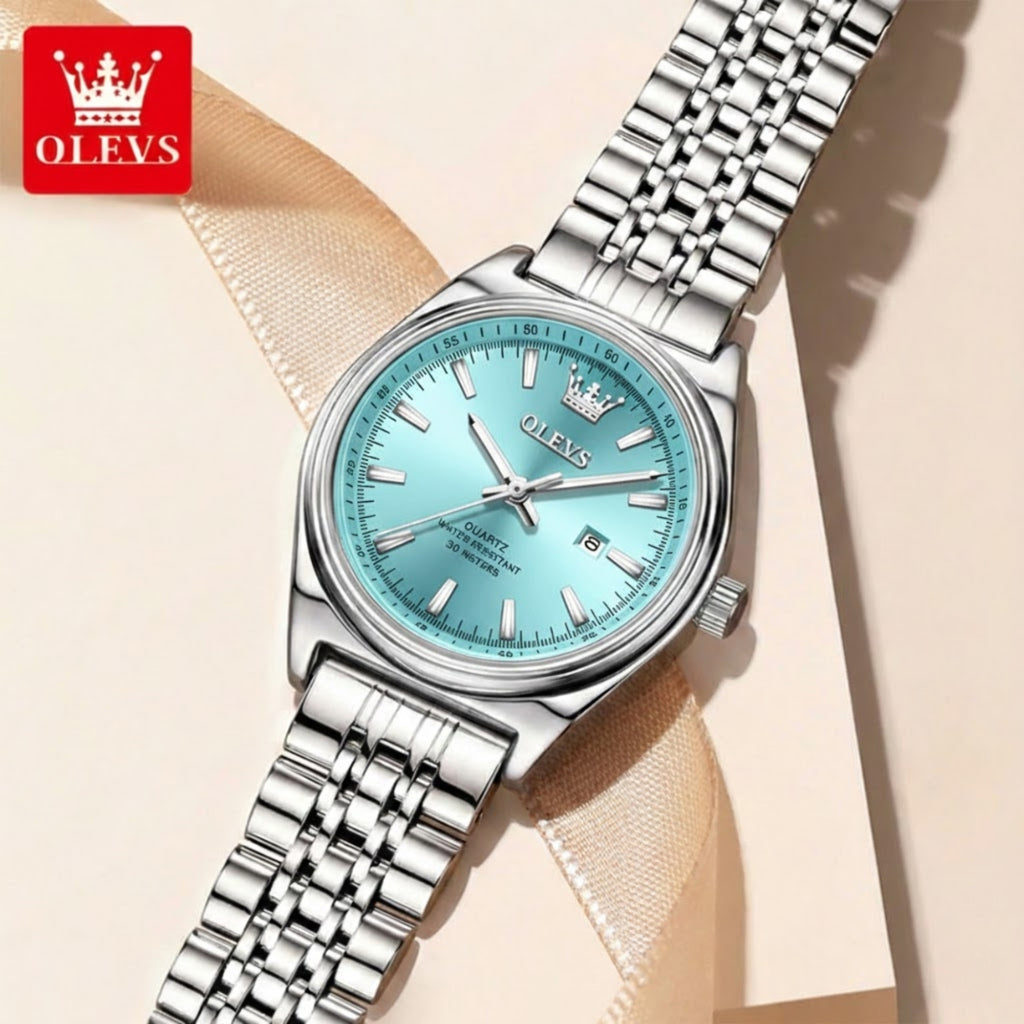 OLEVS 3703 Women’s Elegant Stainless Steel Watch – High Quality Classic Luxury Quartz Wristwatch - Silver and Blue