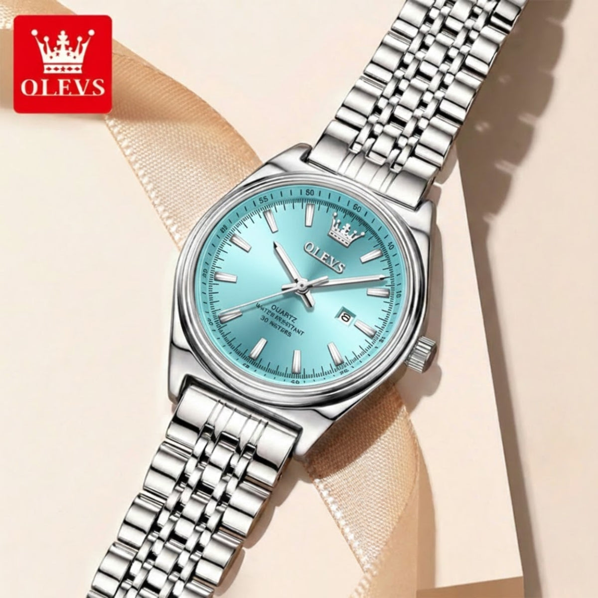 OLEVS 3703 Women’s Elegant Stainless Steel Watch – High Quality Classic Luxury Quartz Wristwatch - Silver and Blue