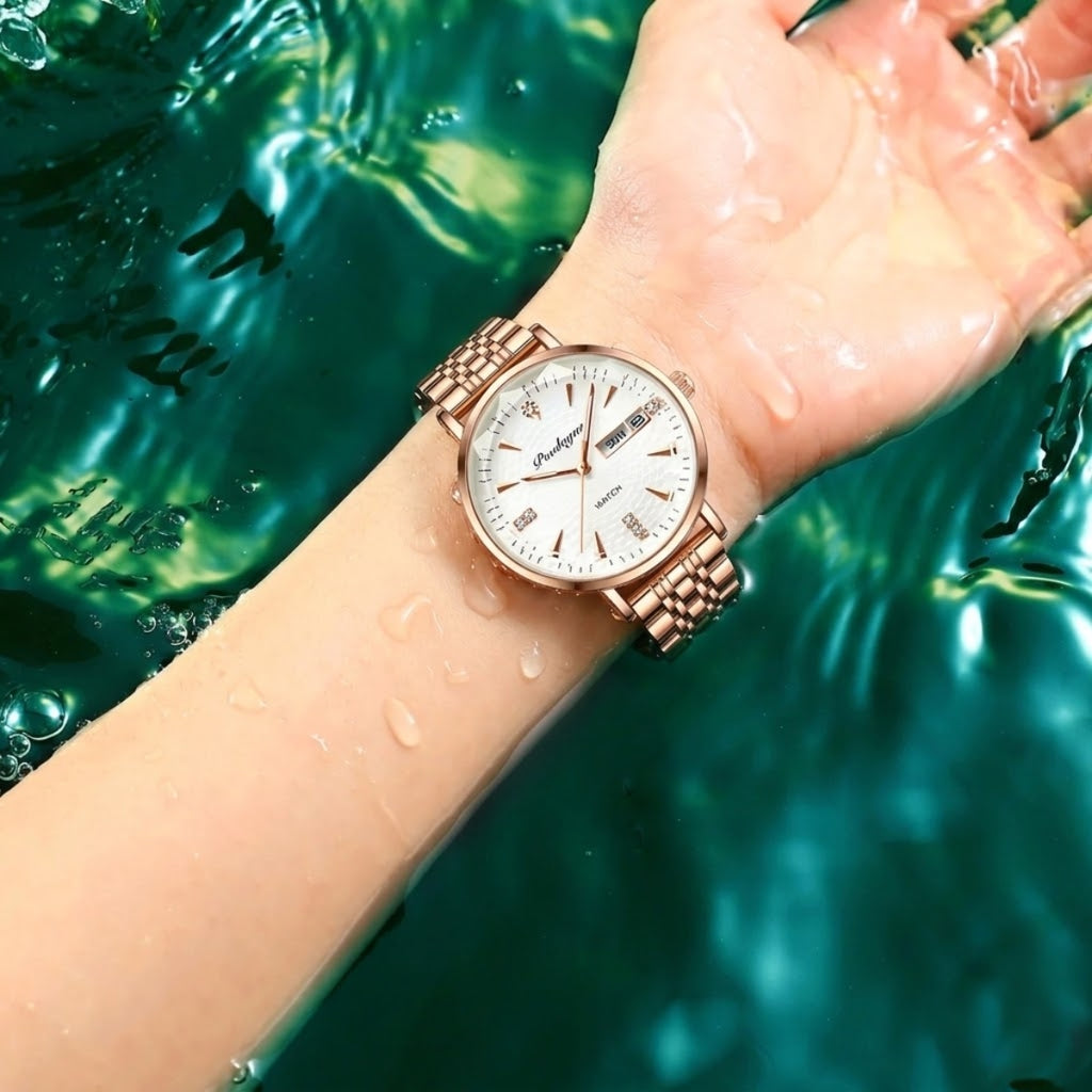 POEDAGAR 312 Women's Stainless Steel Quartz Watch – Waterproof Fashion Timepiece with Date Window White