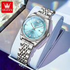 OLEVS 3703 Women’s Elegant Stainless Steel Watch – High Quality Classic Luxury Quartz Wristwatch - Silver and Blue