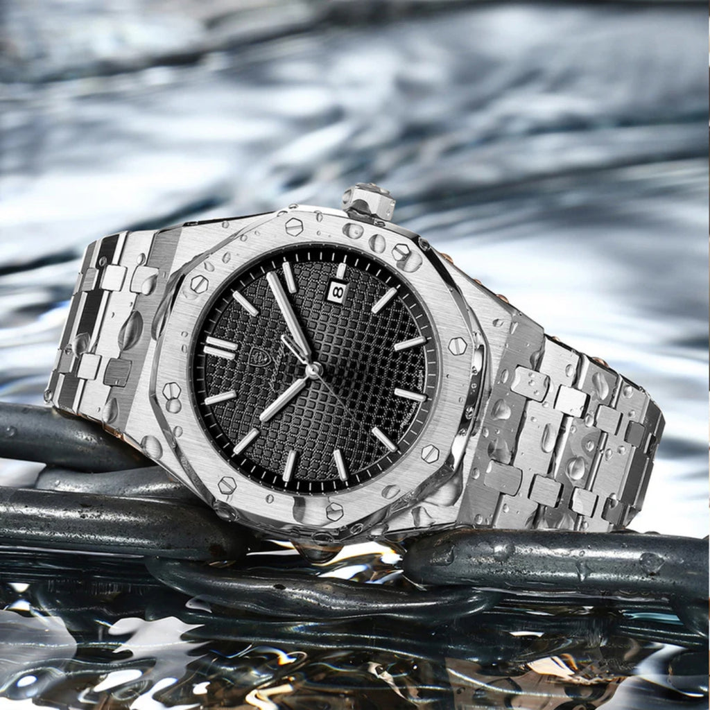 POEDAGAR 924 Men's Luxury Watch: Stainless Steel Waterproof Quartz with Day-Date & Luminous Display Silver Black