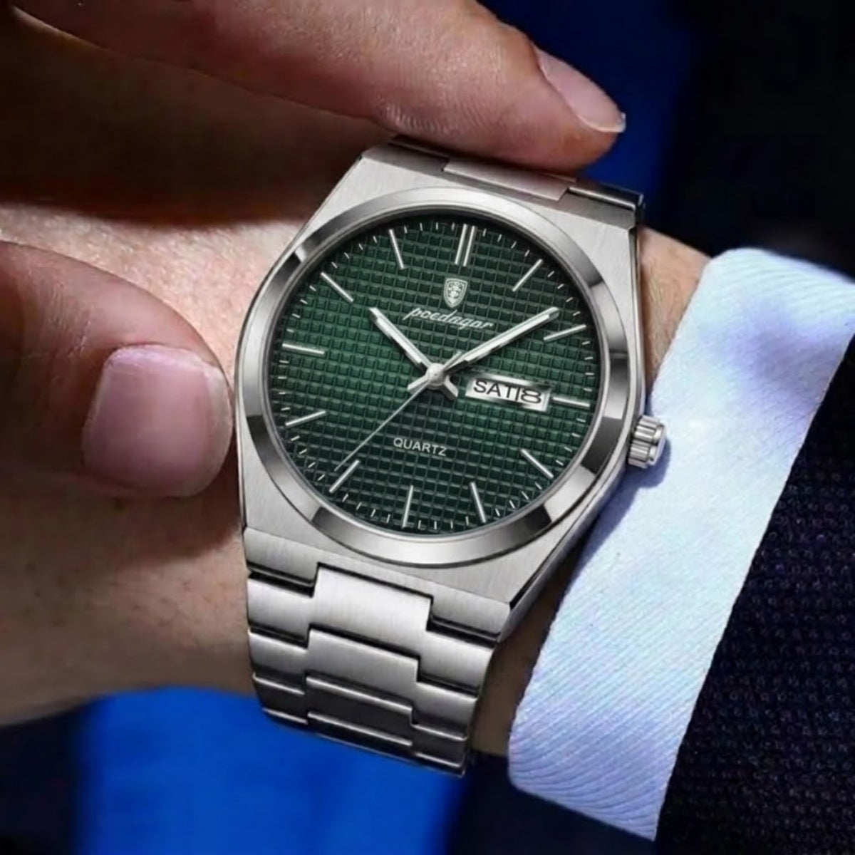 Poedagar 821 Men's Luxury Fashion Watch – Waterproof Luminous Quartz Wristwatch with Stainless Steel Band Green