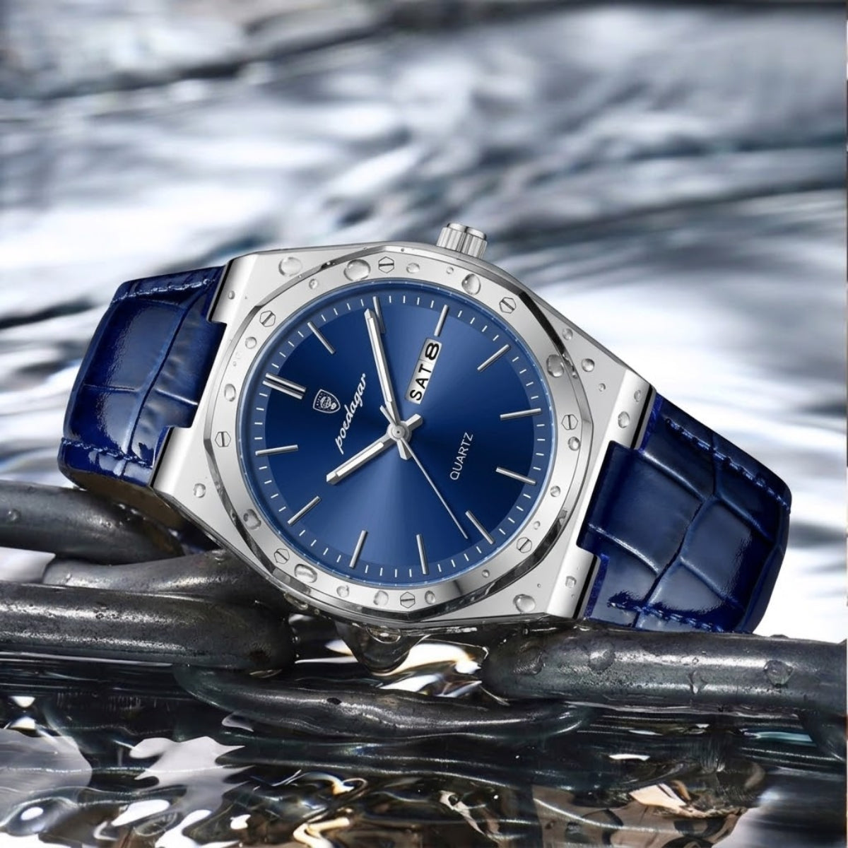 POEDAGAR 930 Men's Ultra-Thin 40mm Watch - Luminous Leather Strap Business Casual Quartz Silver Blue