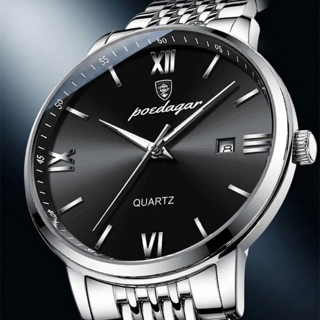 POEDAGAR 826 Waterproof Watch – High-Grade Stainless Steel Quartz Movement Luxury Date Display Wristwatch for Men Black