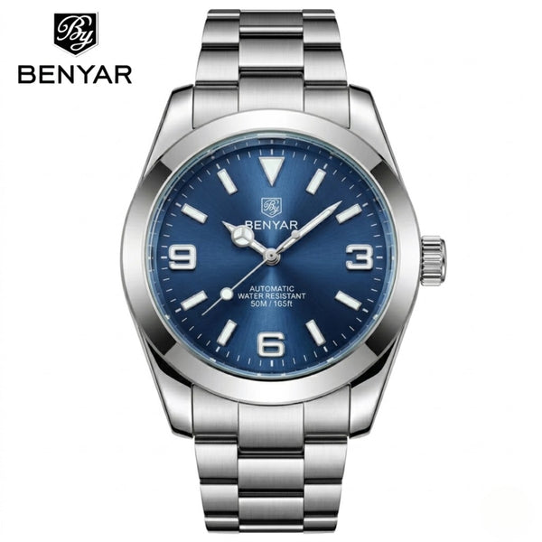 BENYAR 5177 Men’s Automatic Mechanical Watch - Blue Dial Stainless Steel Strap