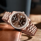 NIBOSI 2628 Luxury Men’s Quartz Watch – Faceted Crystal Bezel & Sunburst Dial Precision Business Timepiece Rose Gold Brown