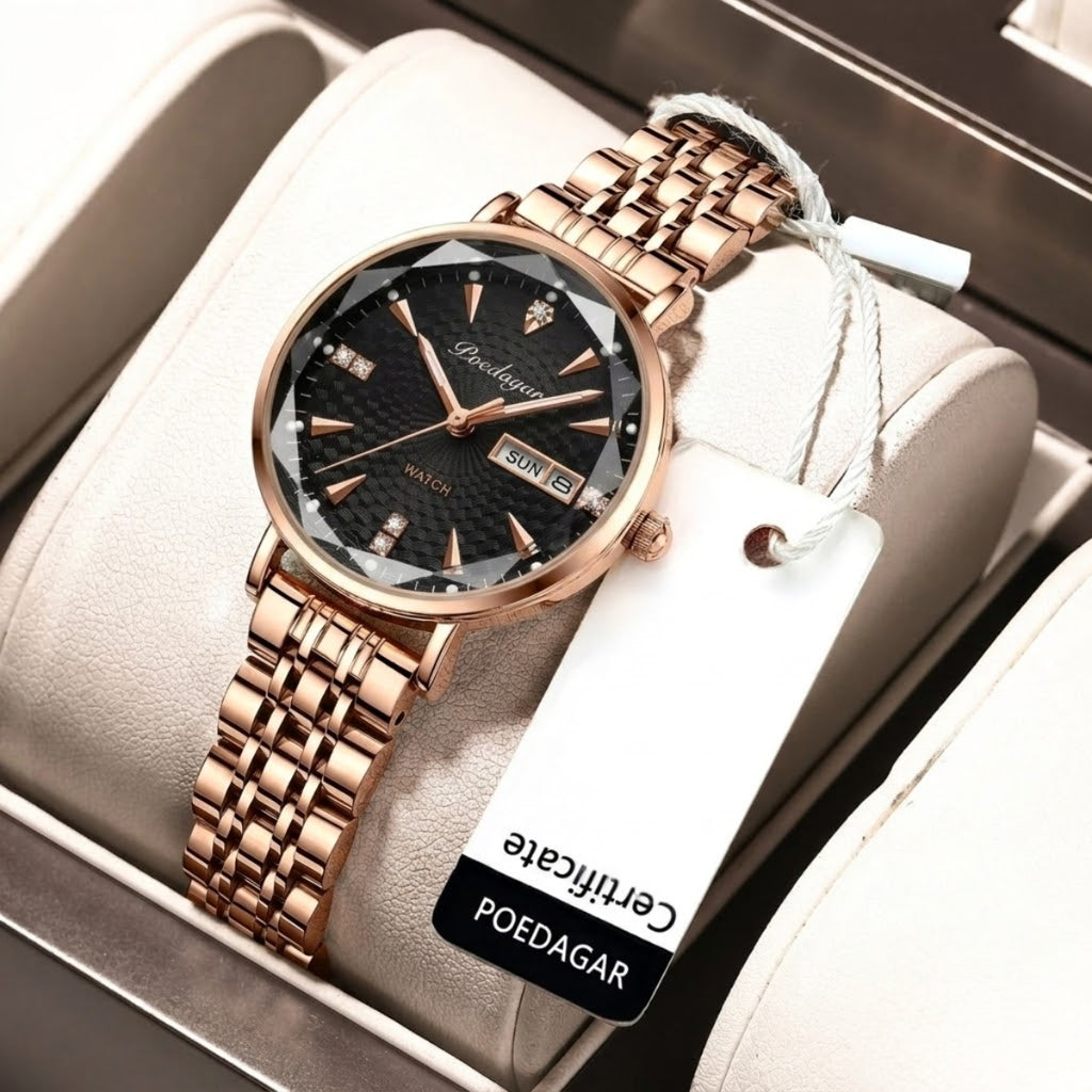 POEDAGAR 312 Women's Stainless Steel Quartz Watch – Waterproof Fashion Timepiece with Date Window Black