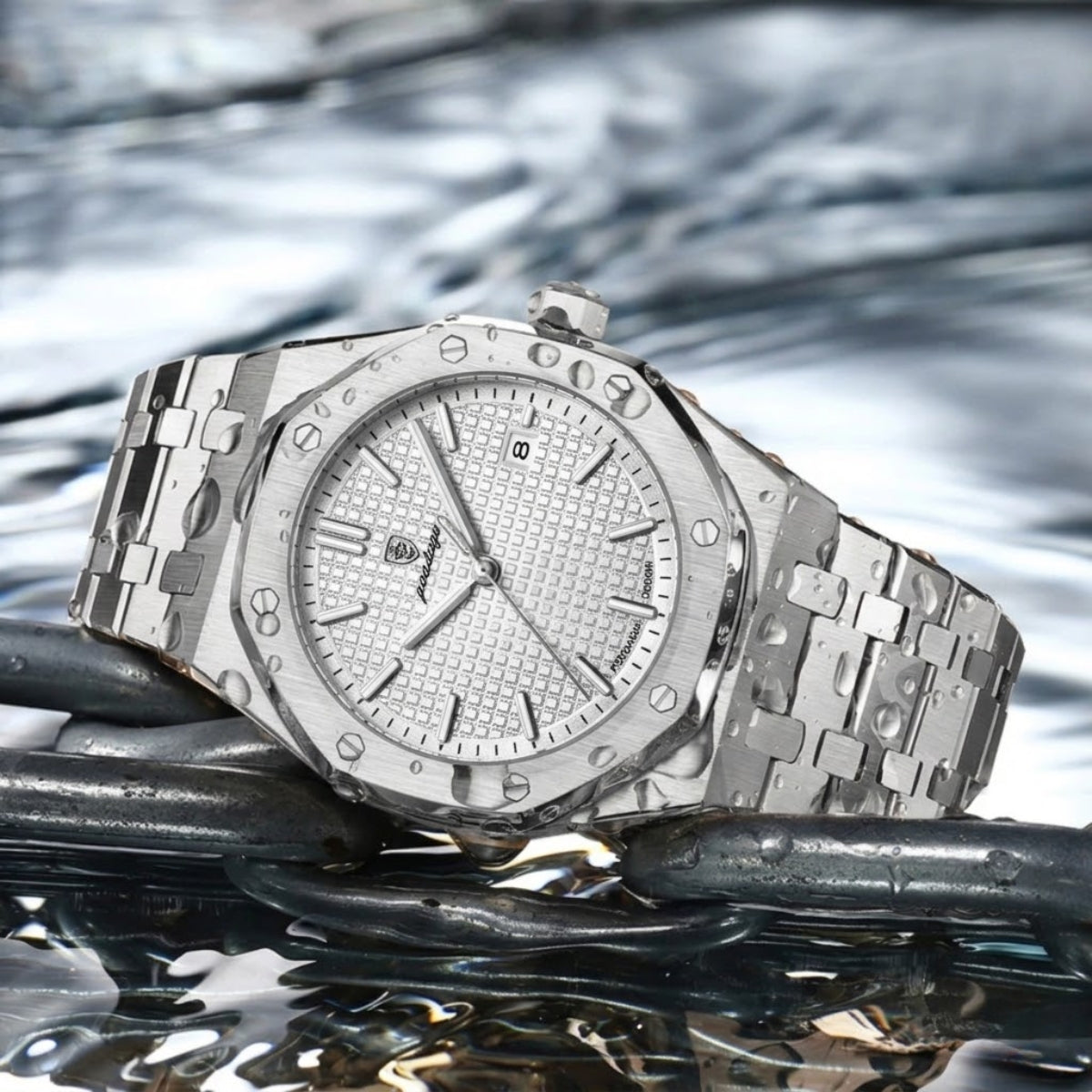 POEDAGAR 924 Men's Luxury Watch: Stainless Steel Waterproof Quartz with Day-Date & Luminous Display Silver White