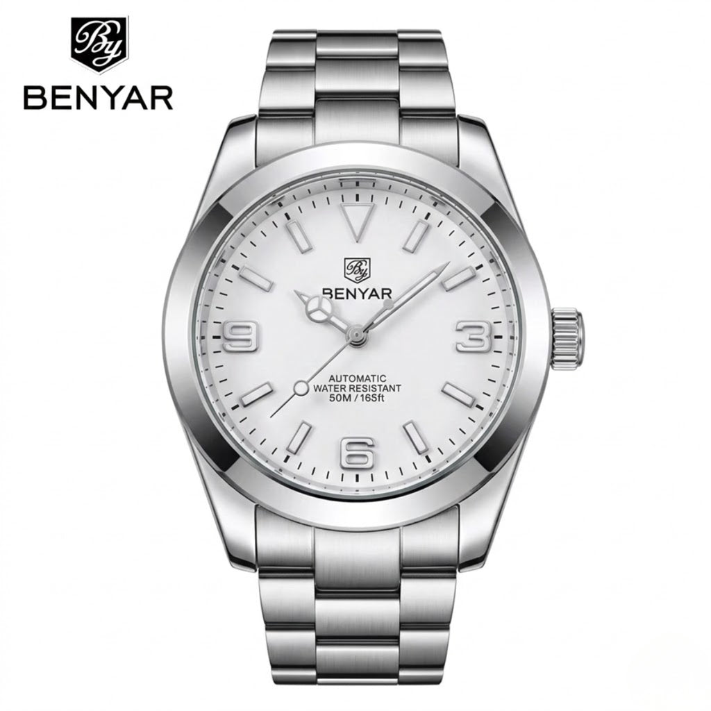 BENYAR 5177 Men’s Automatic Mechanical Watch - White Dial Stainless Steel Strap