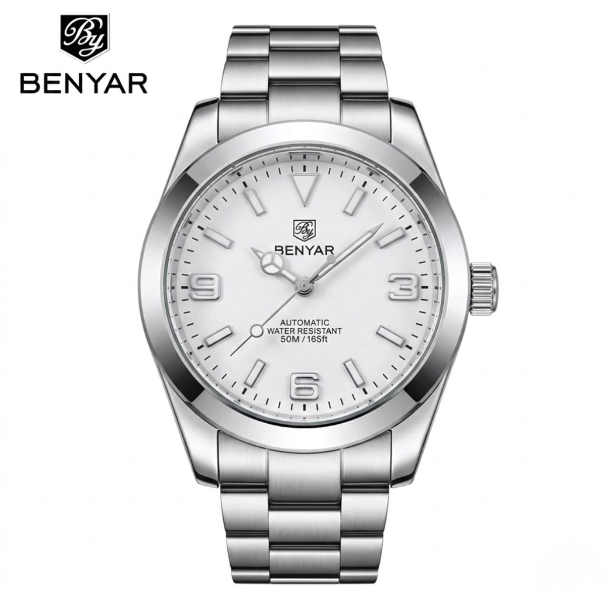 BENYAR 5177 Men’s Automatic Mechanical Watch - White Dial Stainless Steel Strap