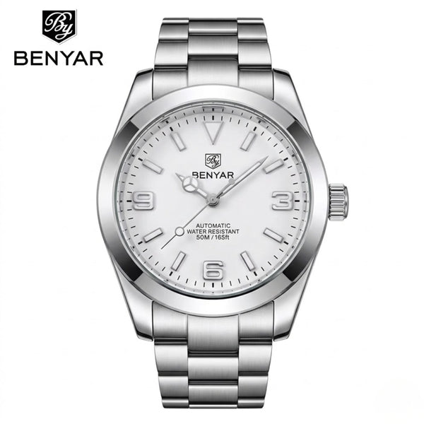 BENYAR 5177 Men’s Automatic Mechanical Watch - White Dial Stainless Steel Strap