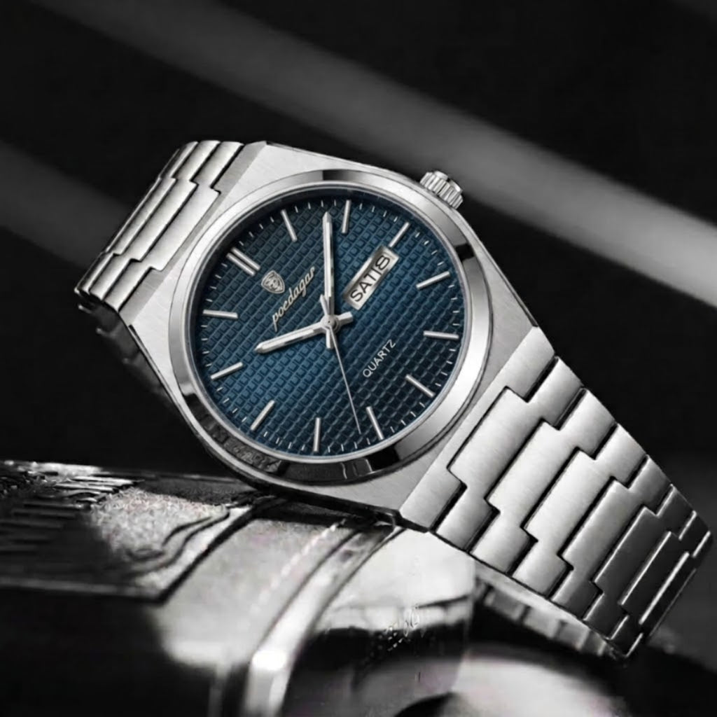 Poedagar 821 Men's Luxury Fashion Watch – Waterproof Luminous Quartz Wristwatch with Stainless Steel Band Blue