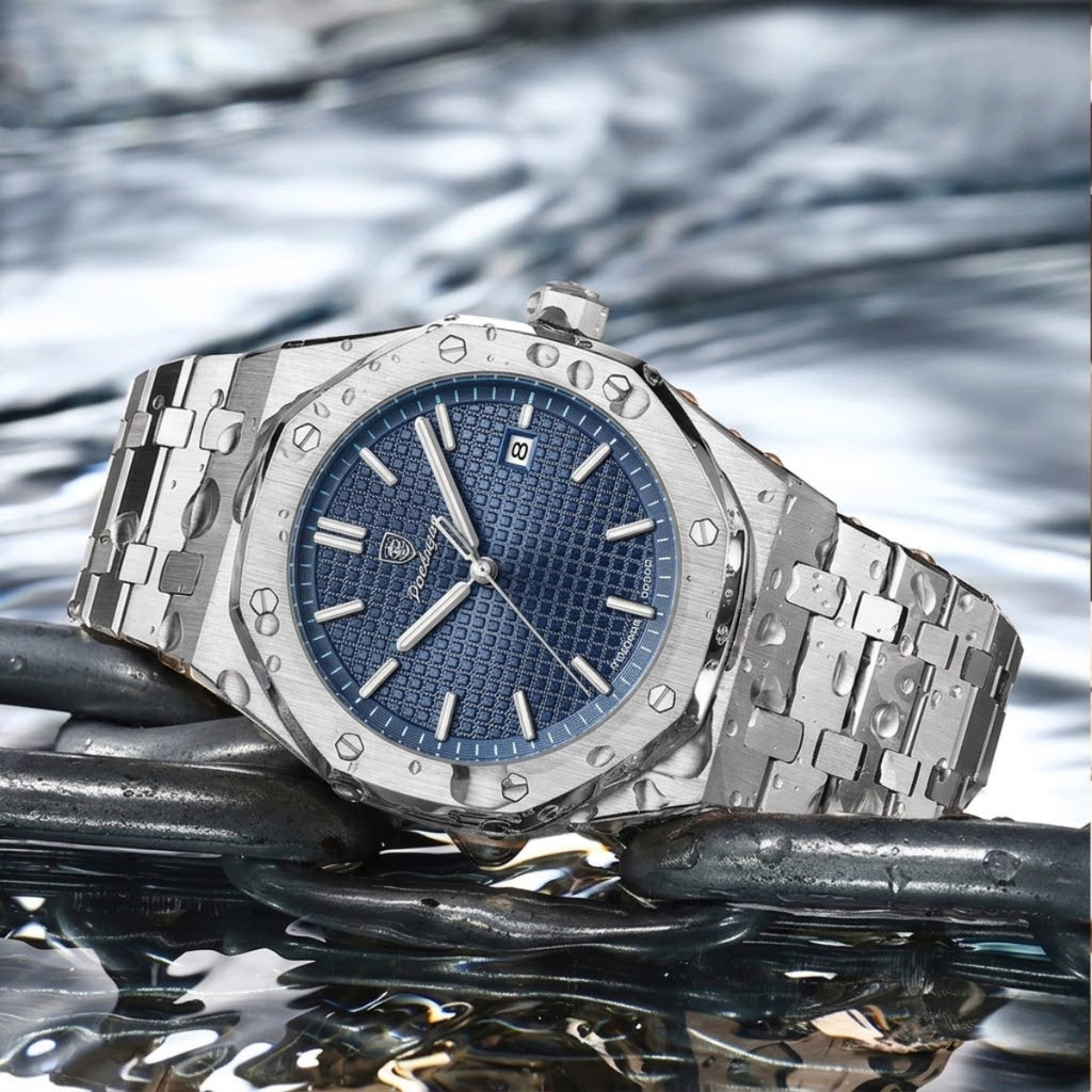 POEDAGAR 924 Men's Luxury Watch: Stainless Steel Waterproof Quartz with Day-Date & Luminous Display Silver Blue