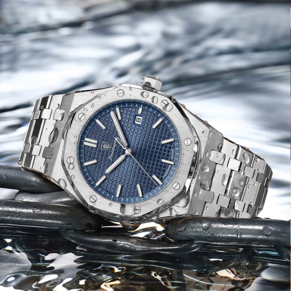 POEDAGAR 924 Men's Luxury Watch: Stainless Steel Waterproof Quartz with Day-Date & Luminous Display Silver Blue