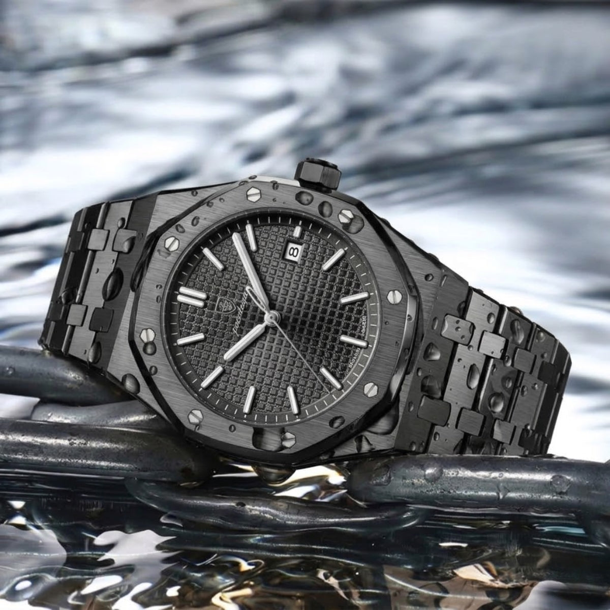 POEDAGAR 924 Men's Luxury Watch: Stainless Steel Waterproof Quartz with Day-Date & Luminous Display Black