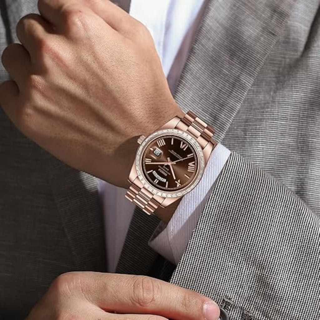 NIBOSI 2628 Luxury Men’s Quartz Watch – Faceted Crystal Bezel & Sunburst Dial Precision Business Timepiece Rose Gold Brown