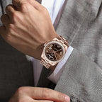 NIBOSI 2628 Luxury Men’s Quartz Watch – Faceted Crystal Bezel & Sunburst Dial Precision Business Timepiece Rose Gold Brown