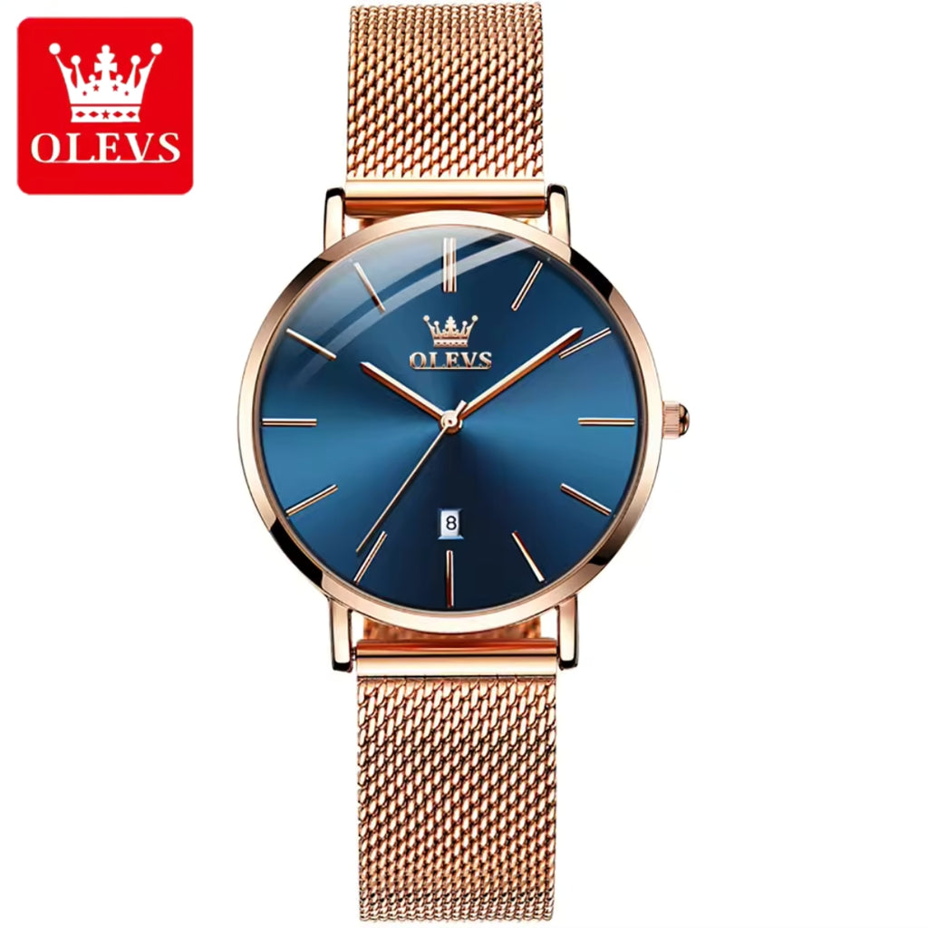 OLEVS 5869 Women’s Ultra-Thin Mesh Watch – Waterproof Luxury Quartz with Steel Strap Rose Gold and Blue