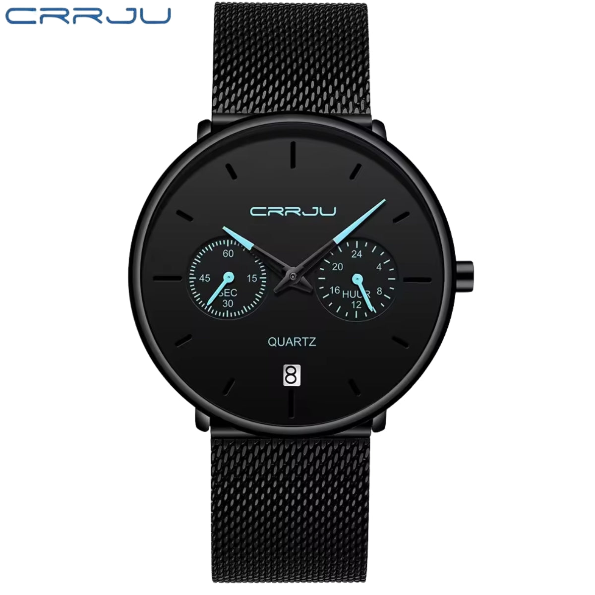 CRRJU 2162 Men's Stainless Mesh Steel Quartz Watch – Waterproof Casual Dress Timepiece with Date Calendar Black Blue