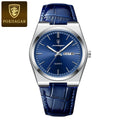 POEDAGAR 930 Men's Ultra-Thin 40mm Watch - Luminous Leather Strap Business Casual Quartz Silver Blue