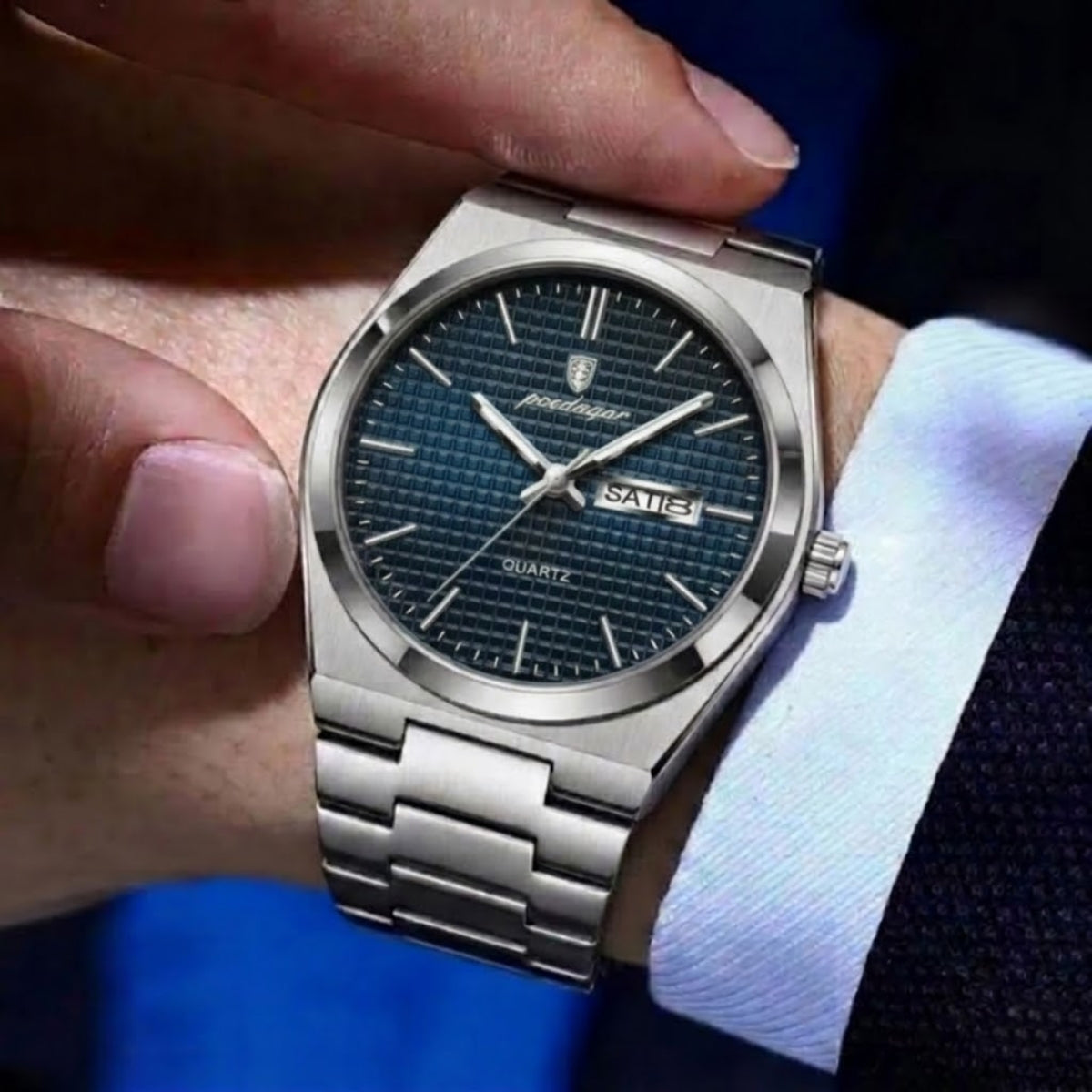 Poedagar 821 Men's Luxury Fashion Watch – Waterproof Luminous Quartz Wristwatch with Stainless Steel Band Blue