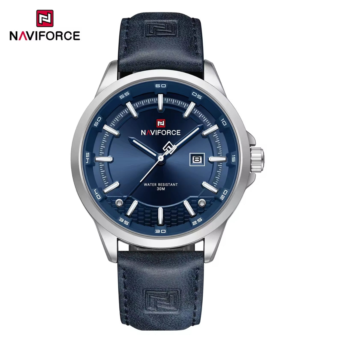 NAVIFORCE 9248 Men’s Fashion Sport Watch – Waterproof Quartz Analog Wristwatch with Leather Strap Silver and Blue