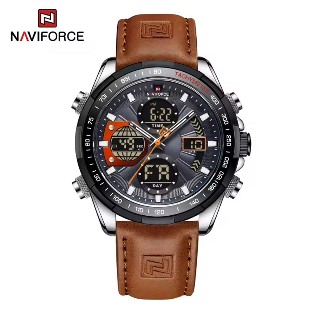 NAVIFORCE 9197 Men’s Dual-Display Watch – Luxury Analog-Digital Chronograph with Alarm & Waterproof Black and Brown