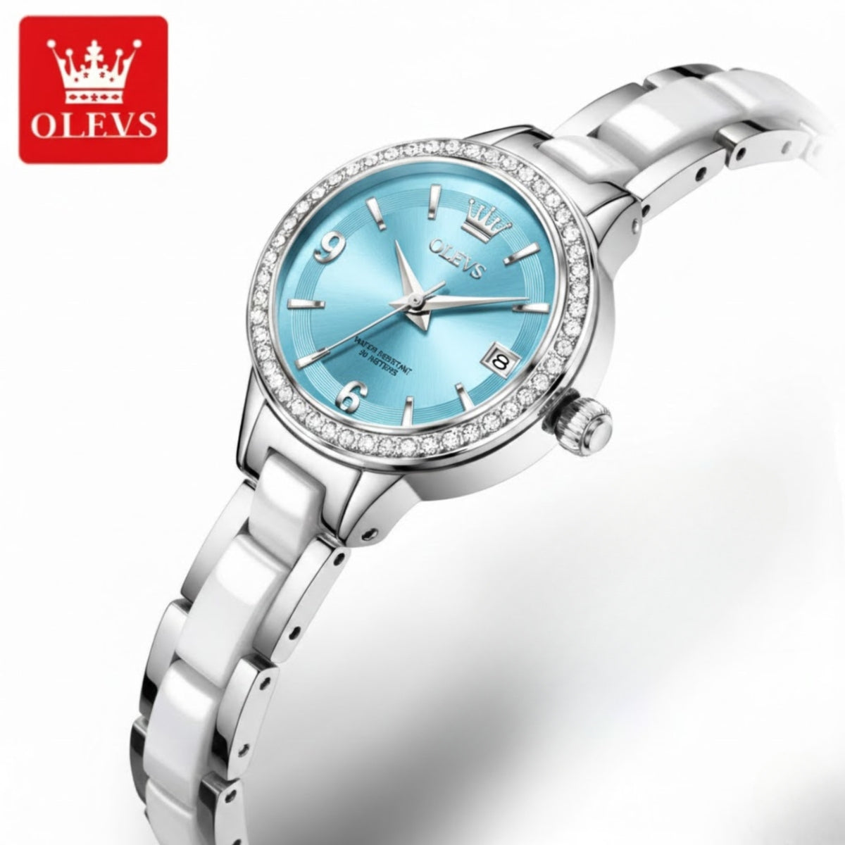 OLEVS 7093 Women’s Ceramic & Steel Watch – High Quality Luxury Classic Quartz Wristwatch Silver and Blue