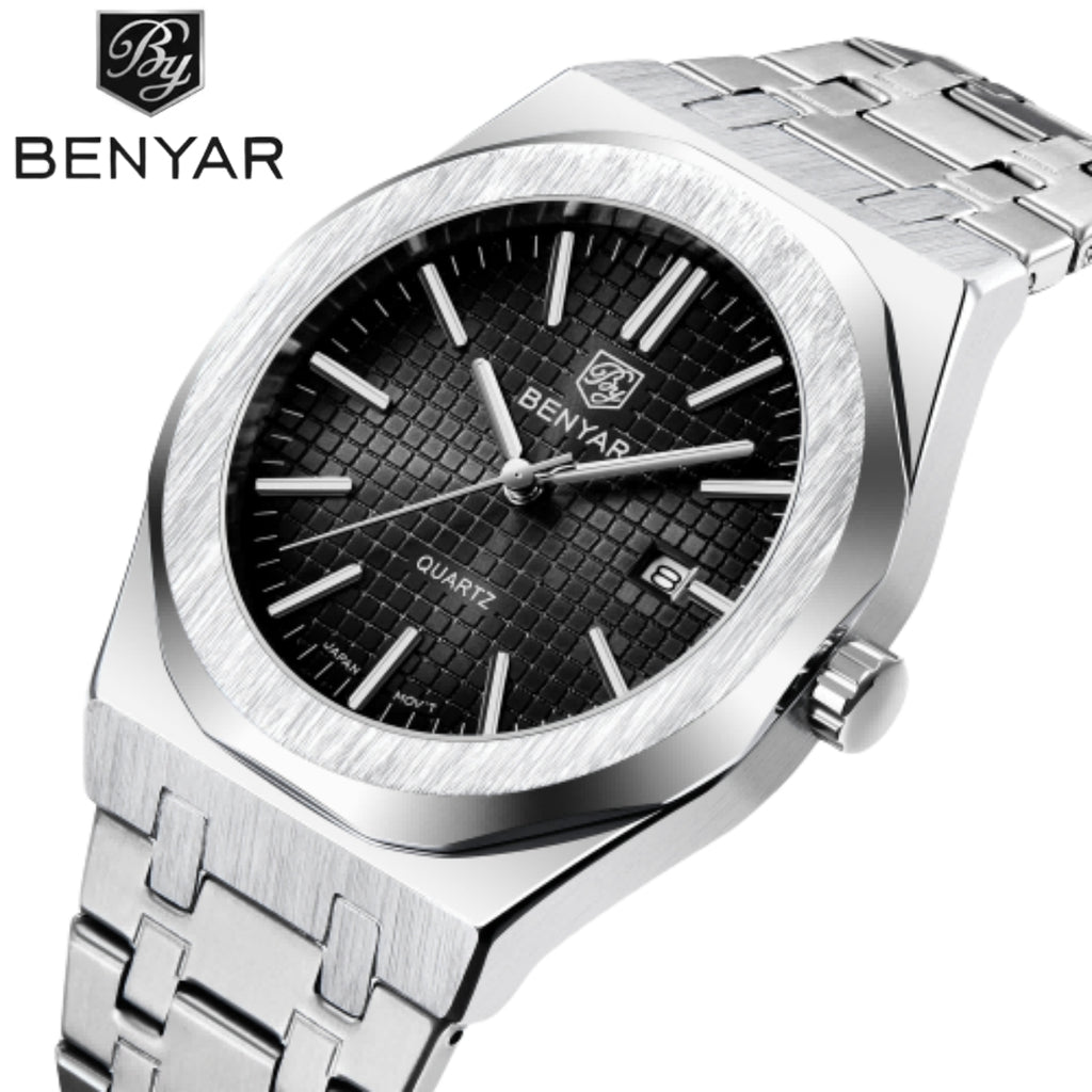 BENYAR 5156 Men's Luxury integrated-Bracelet "Royal Oak" Inspired Design- Silver and Black Watch
