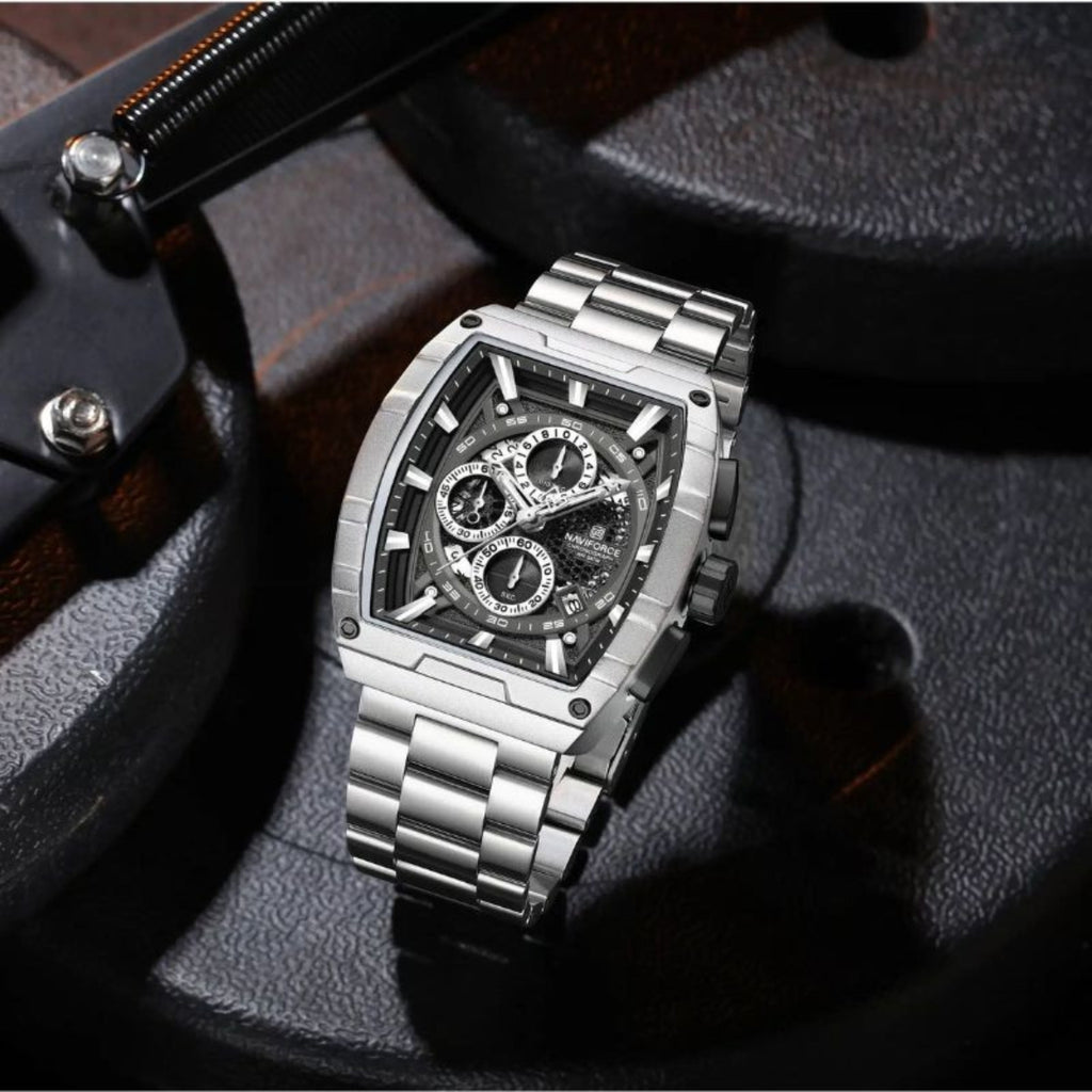 NAVIFORCE 8066 Luxury Chronograph Men's Watch – Heavy Duty Stainless Steel 3-Dial Quartz Sport Wristwatch with Date Display Black Silver