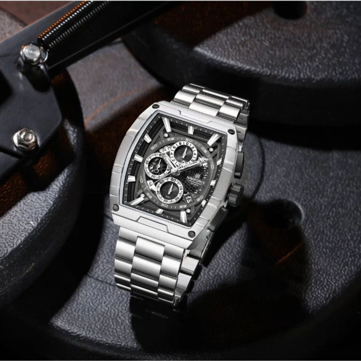 NAVIFORCE 8066 Luxury Chronograph Men's Watch – Heavy Duty Stainless Steel 3-Dial Quartz Sport Wristwatch with Date Display Black Silver