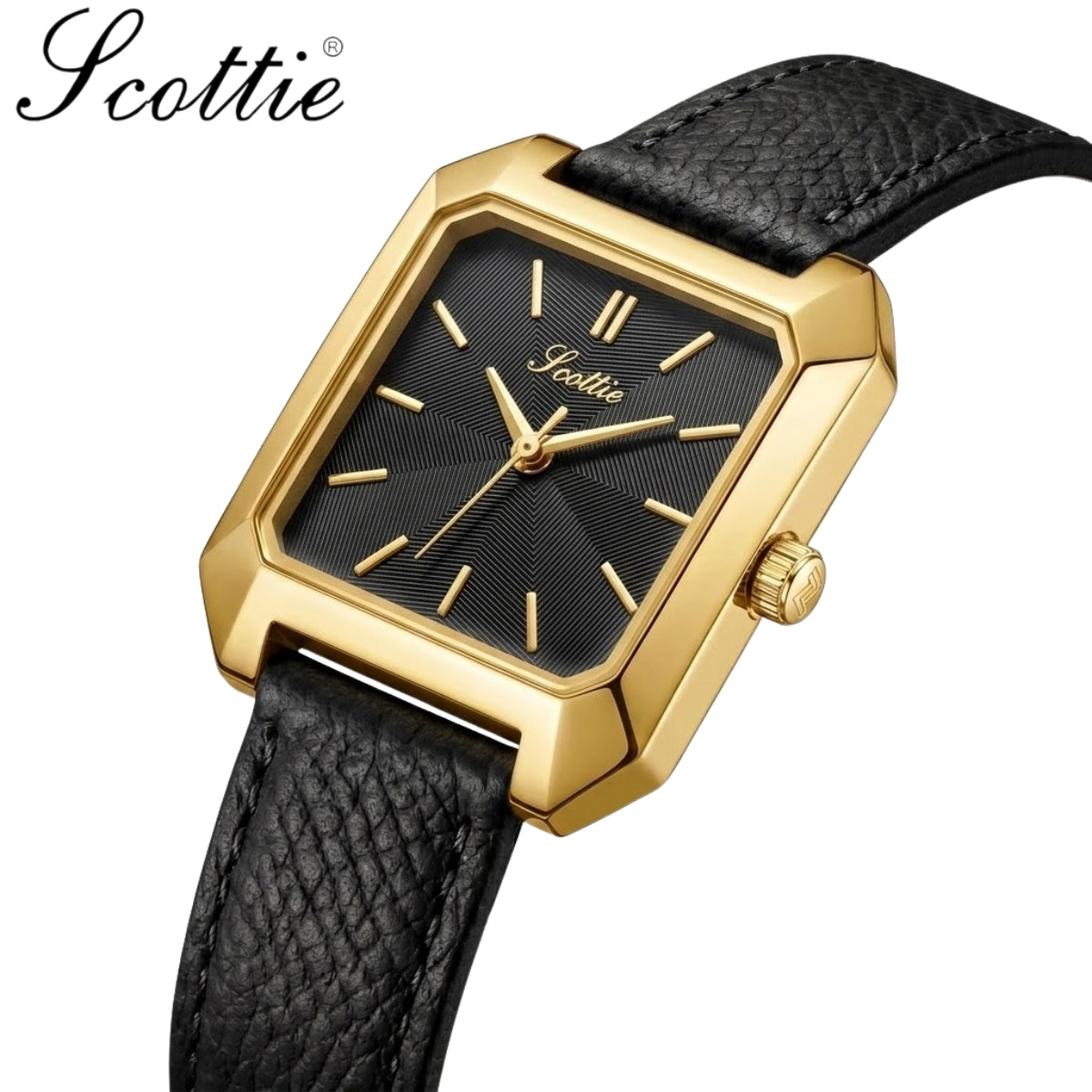 Scottie 9153 Women’s Square Leather Watch – Luxury Quartz Water-Resistant Wristwatch for Ladies Black