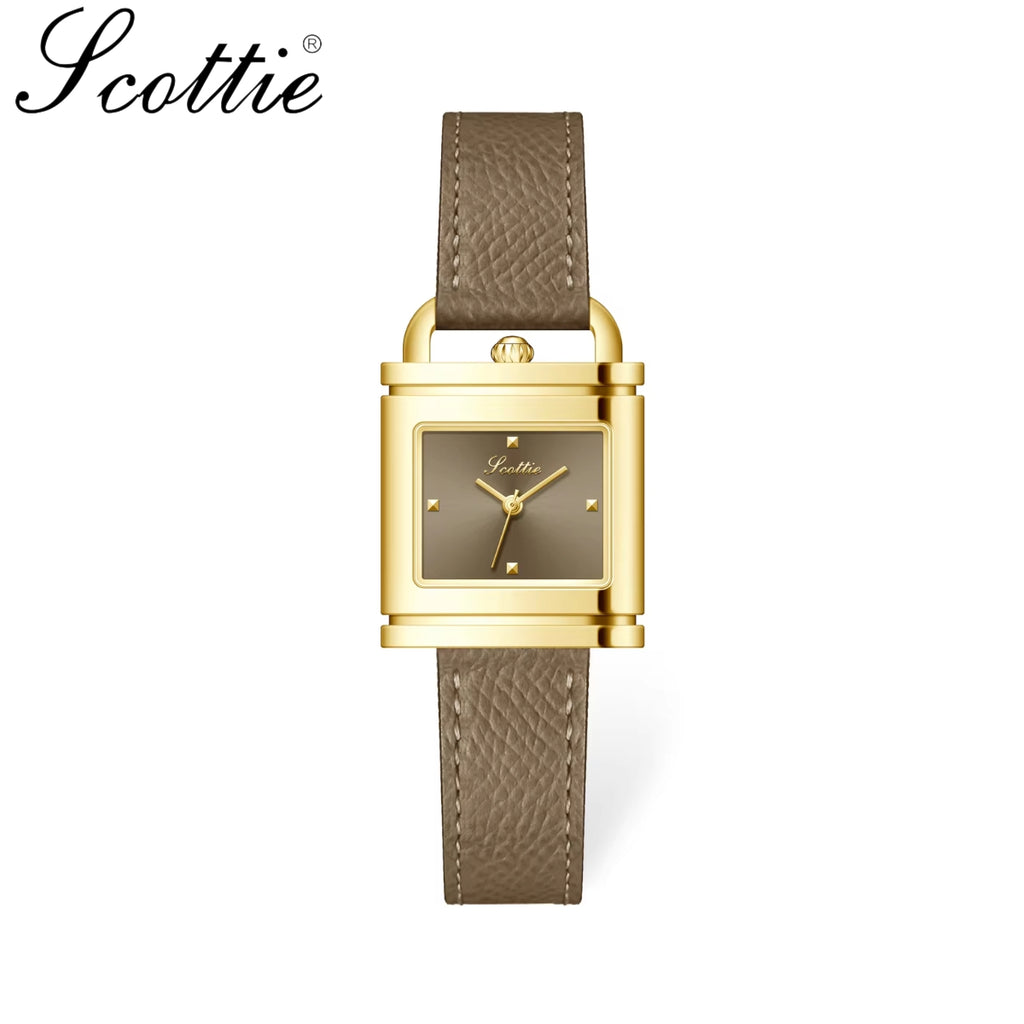 Scottie 9741 Women’s Luxury Square Watch – Waterproof Custom Quartz Wristwear with Leather Strap Gray