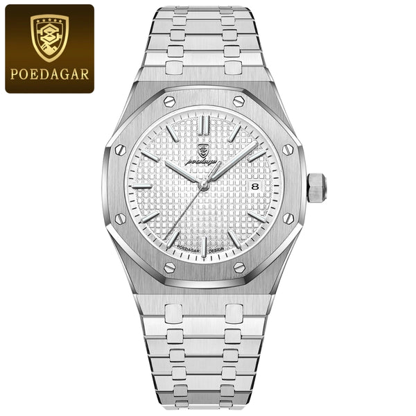 POEDAGAR 924 Men's Luxury Watch: Stainless Steel Waterproof Quartz with Day-Date & Luminous Display Silver White