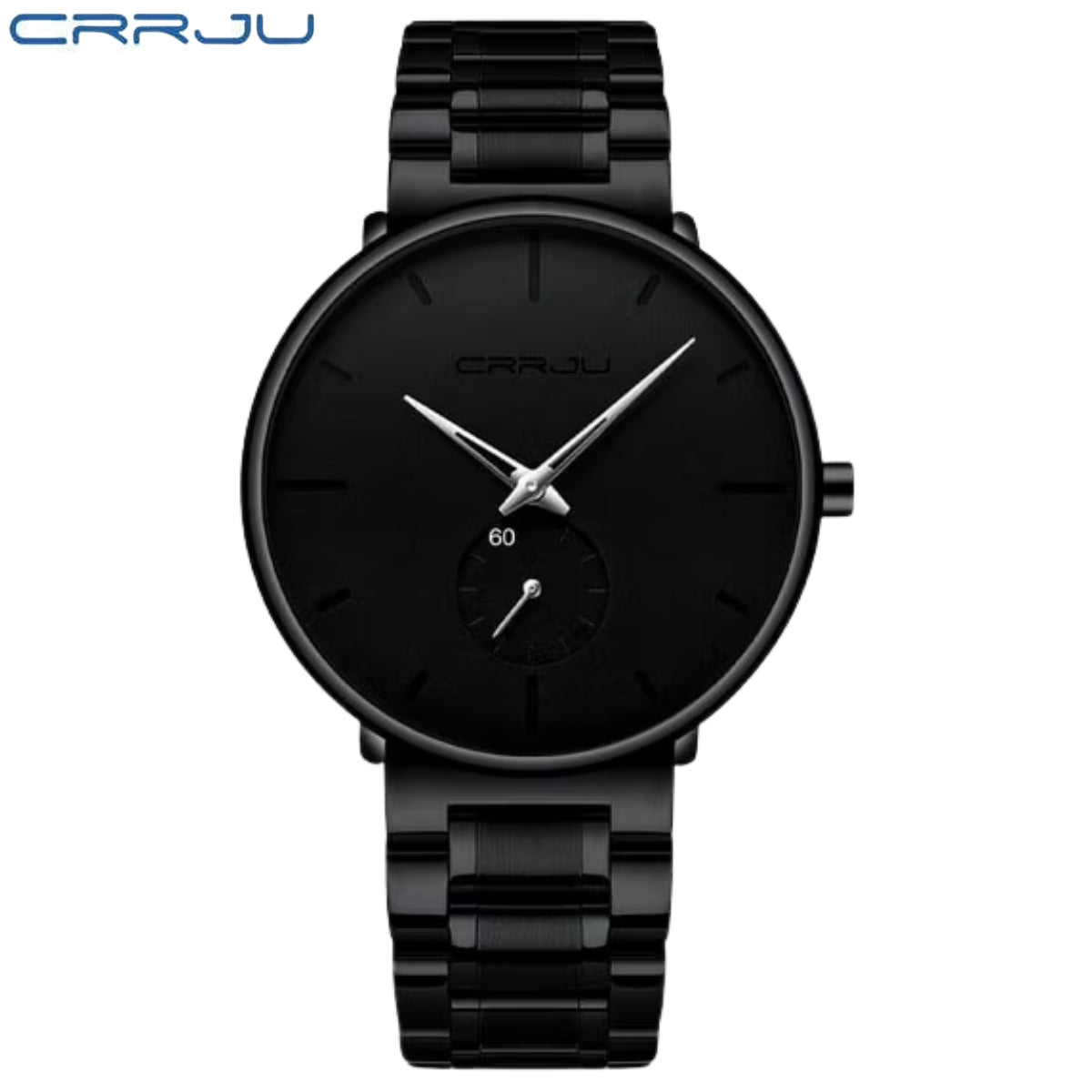CRRJU 2150 Luxury Quartz Watch – Premium Stainless Steel Band, Casual Black Wristwatch for Men Black Silver