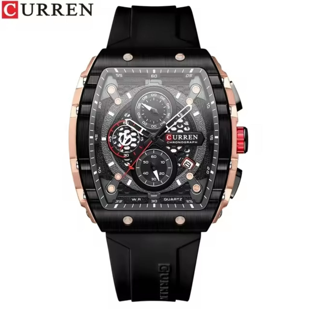 CURREN 8442 Tonneau Dial Sport Watch for Men Waterproof Quartz Black Silicone Strap