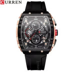 CURREN 8442 Tonneau Dial Sport Watch for Men Waterproof Quartz Black Silicone Strap