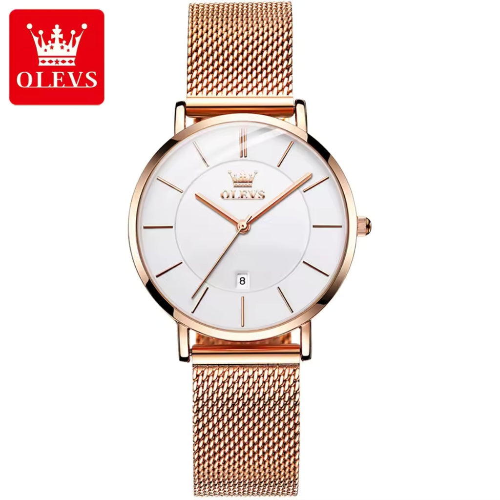 OLEVS 5869 Women’s Ultra-Thin Mesh Watch – Waterproof Luxury Quartz with Steel Strap Rose Gold and White