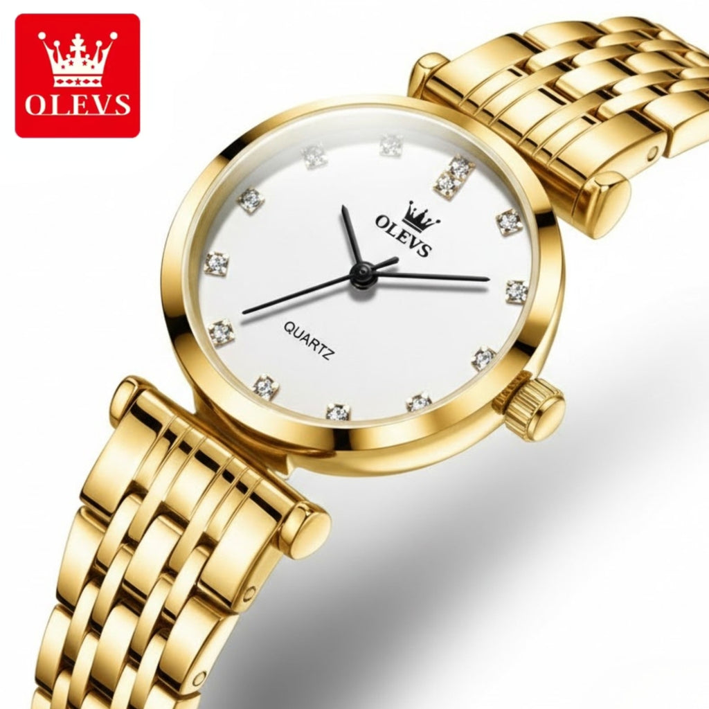 OLEVS 5596 Luxury Women's Watch – Quartz Wristwatch Set - Golden White