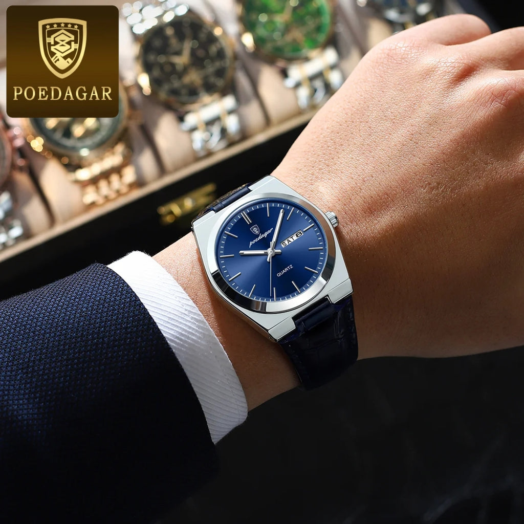 POEDAGAR 930 Men's Ultra-Thin 40mm Watch - Luminous Leather Strap Business Casual Quartz Silver Blue