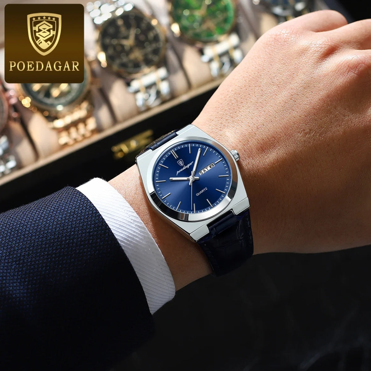 POEDAGAR 930 Men's Ultra-Thin 40mm Watch - Luminous Leather Strap Business Casual Quartz Silver Blue