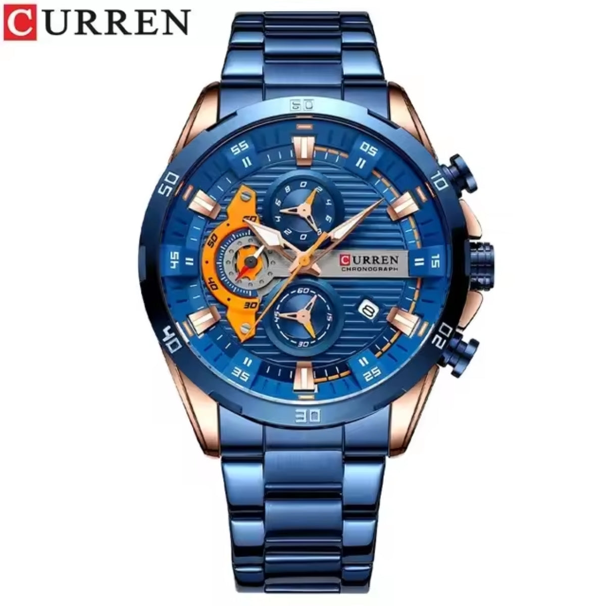 CURREN 8402 Men Watch Quartz Stainless Steel Chronograph Waterproof Wrist Watch Luminous Sport Blue Dial